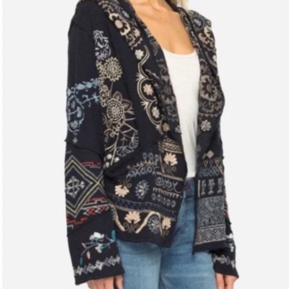 Johnny Was Navy Hooded Cardigan with Cream, Light Blue & Red Embroidered Accents